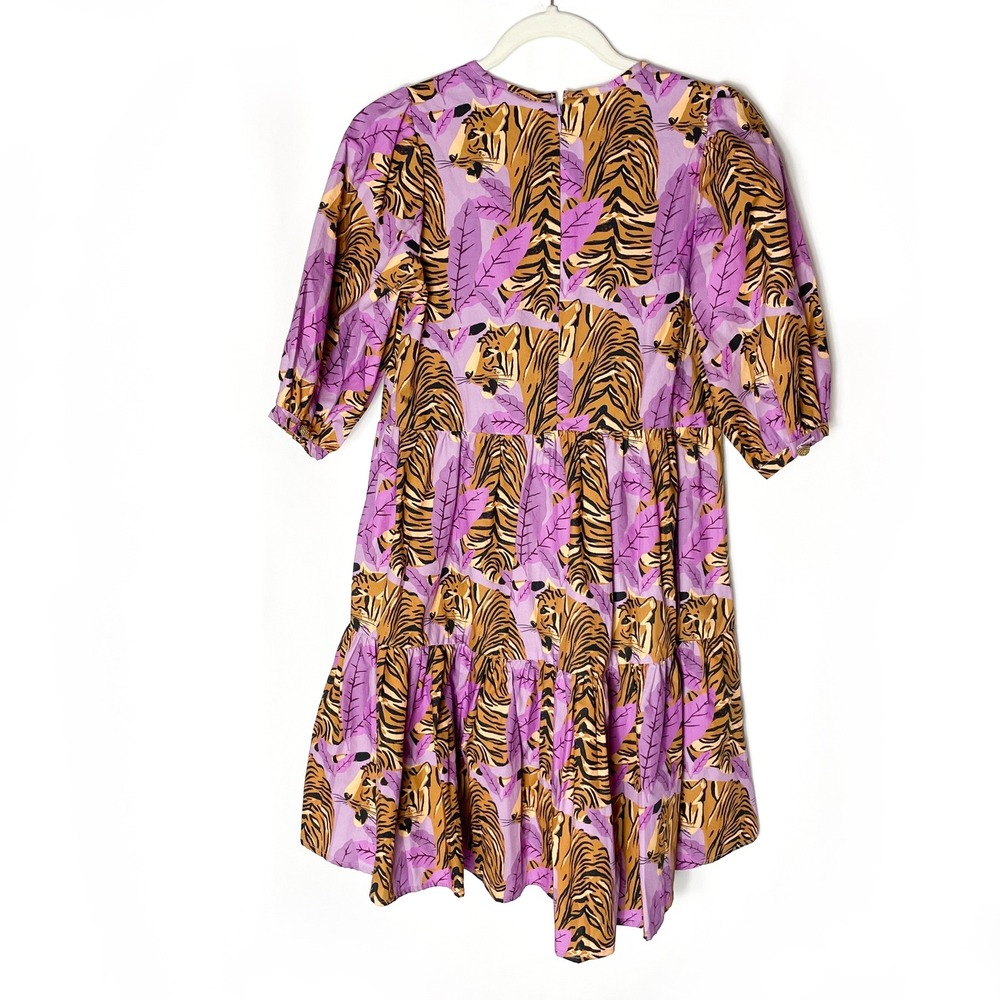 Farm‎ Rio Tiger Leaves Dress Purple Mini Tiered Short Puff Sleeve Casual Sz XS - Picture 9 of 9